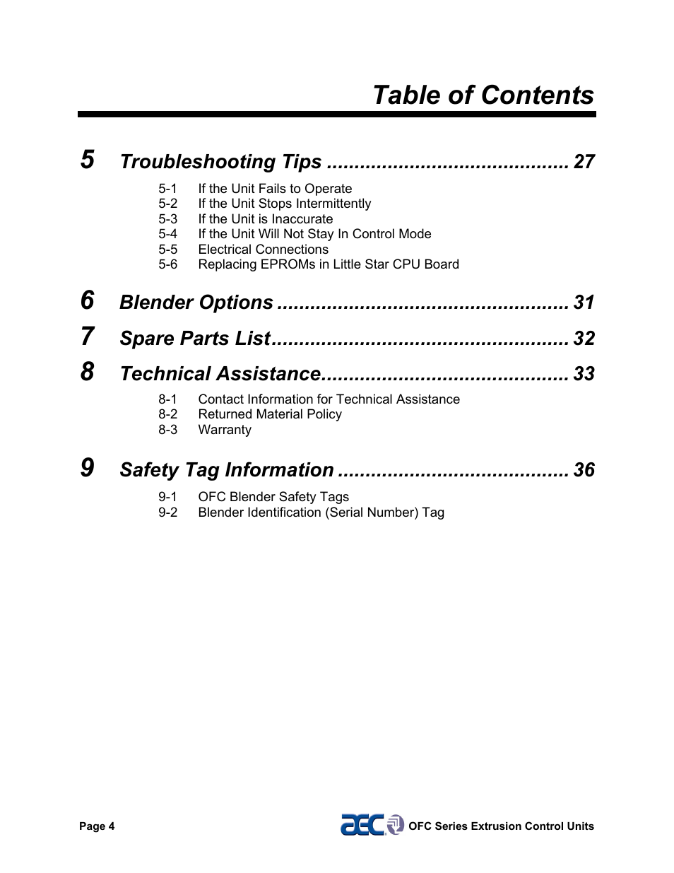 Table of contents 5, Troubleshooting tips, Blender options | Spare parts list, Technical assistance, Safety tag information | AEC OFC Series User Manual | Page 4 / 40