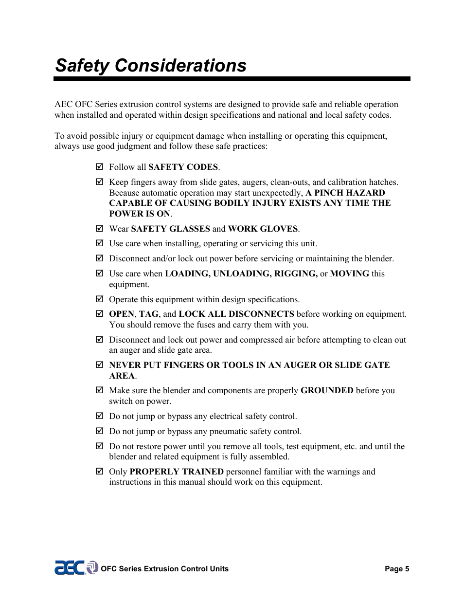 Manufacturer information, Safety considerations | AEC OFC Series User Manual | Page 5 / 40