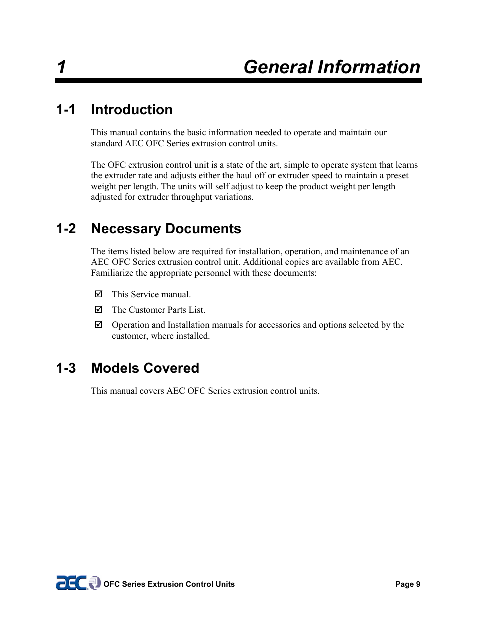 1 introduction, 2 necessary documents, 3 models covered | 2 safety, 1general information | AEC OFC Series User Manual | Page 9 / 40