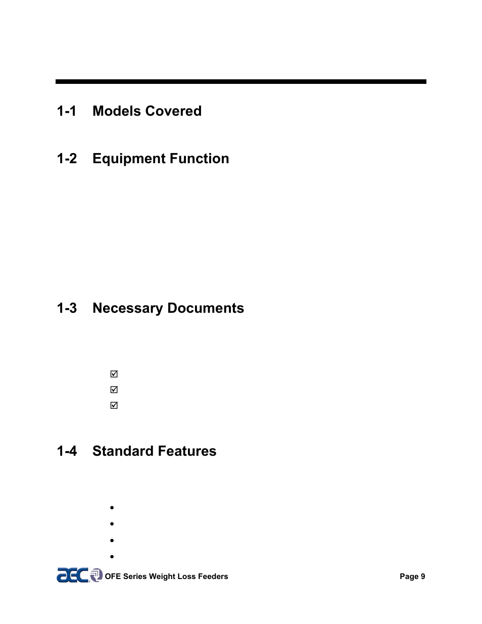 1 general information, 1 models covered, 2 equipment function | 3 necessary documents, 4 standard features | AEC OFE Blender User Manual | Page 10 / 47