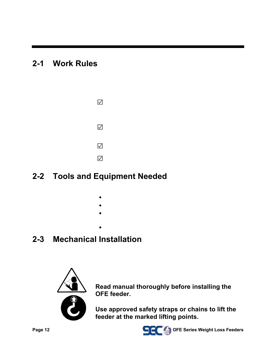 2 safety, 1 work rules, 2 tools and equipment needed | 3 mechanical installation | AEC OFE Blender User Manual | Page 13 / 47