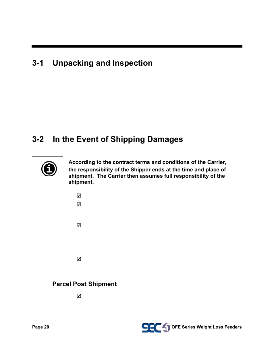 3 shipping information, 1 unpacking and inspection, 2 in the event of shipping damages | AEC OFE Blender User Manual | Page 21 / 47