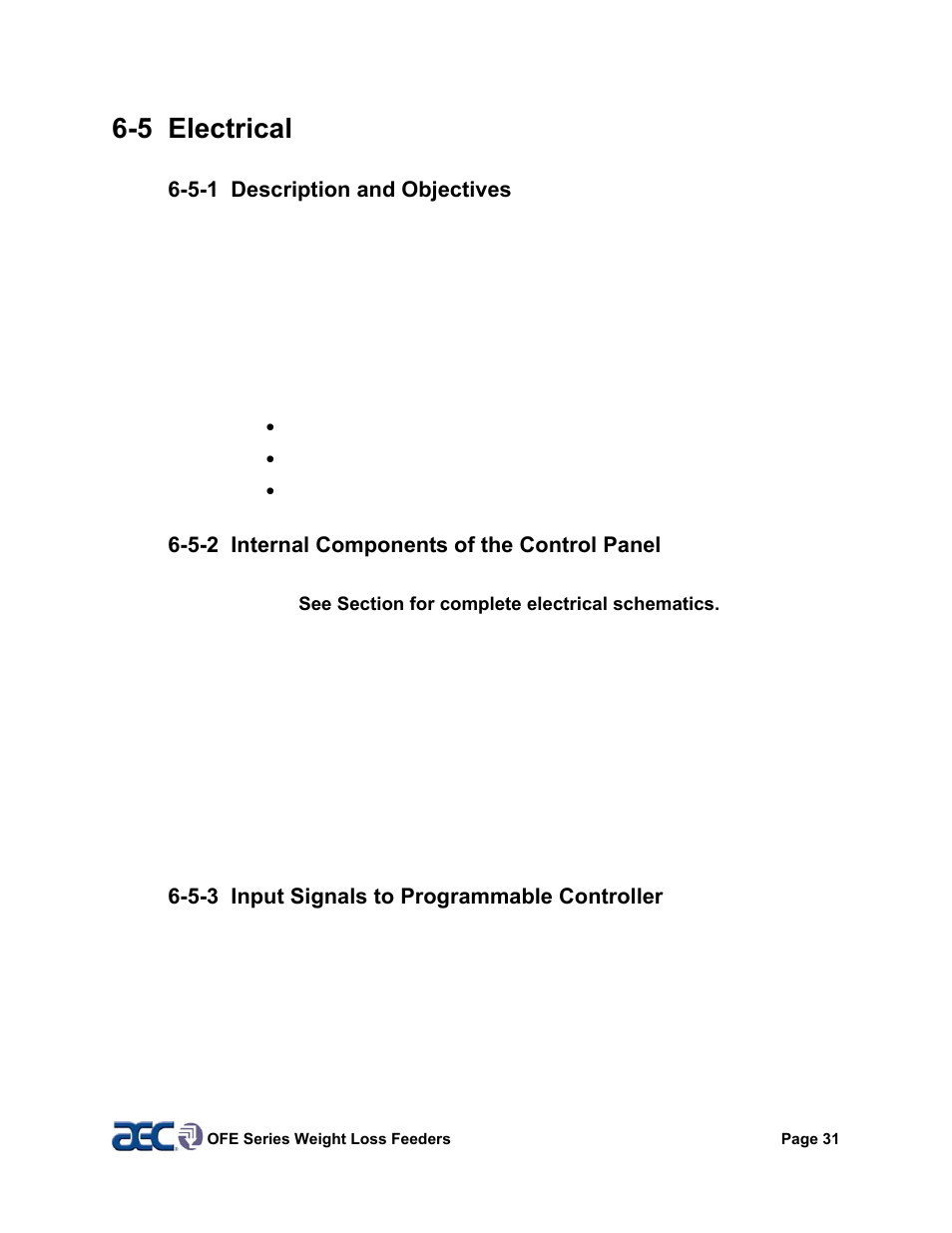 5 electrical, 5-1 description and objectives, 5-2 internal components of the control panel | 5-3 input signals to programmable controller | AEC OFE Blender User Manual | Page 32 / 47