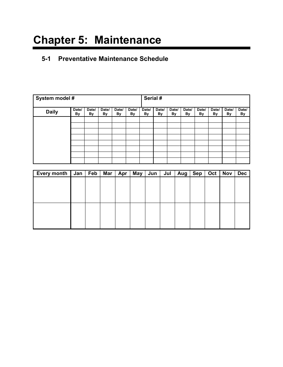 Chapter 5: maintenance, 1 preventative maintenance schedule, Photocopy this page for your maintenance records | AEC OFE Blender User Manual | Page 25 / 35