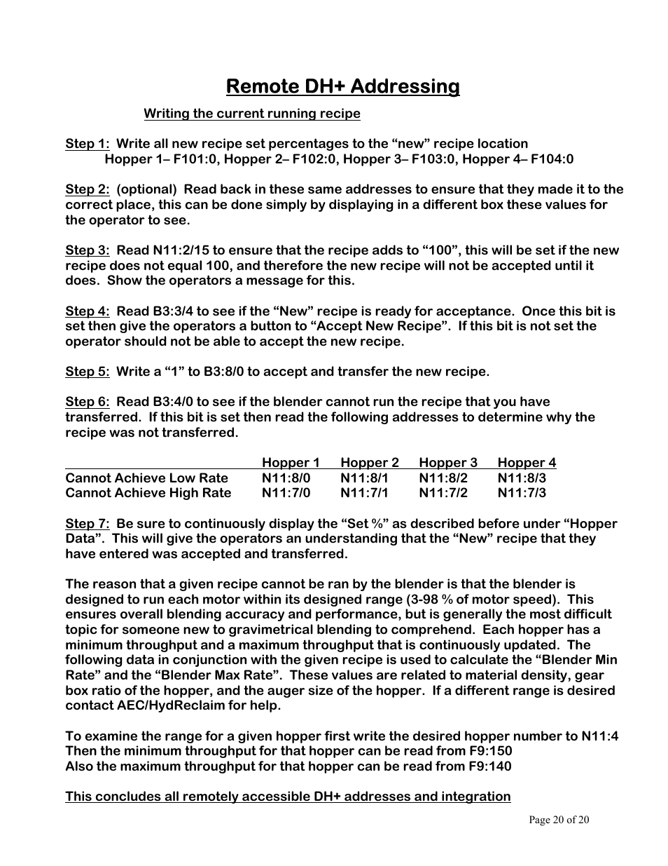 Remote dh+ addressing | AEC OL Series Blender User Manual | Page 21 / 21