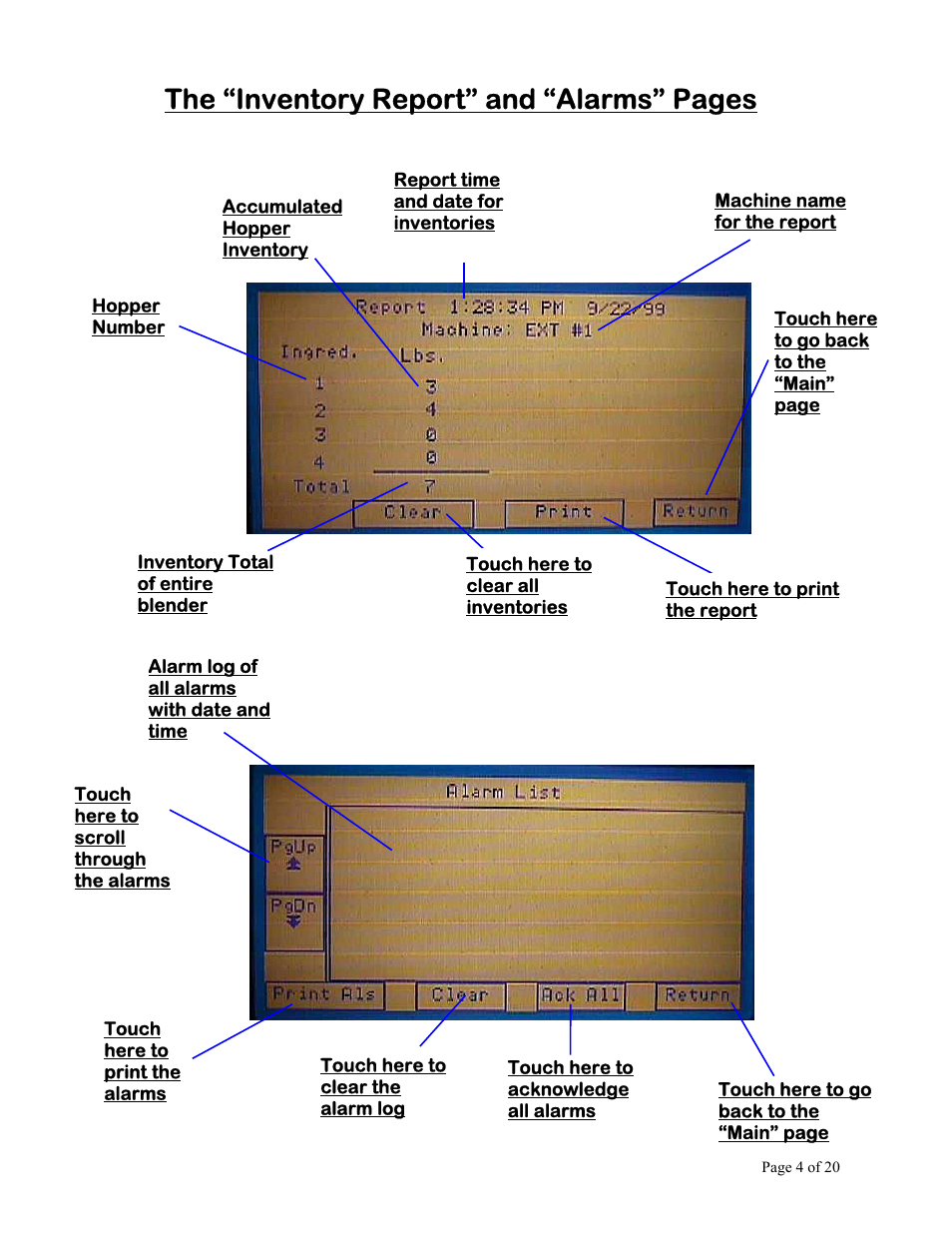 The “inventory report” and “alarms” pages | AEC OL Series Blender User Manual | Page 5 / 21