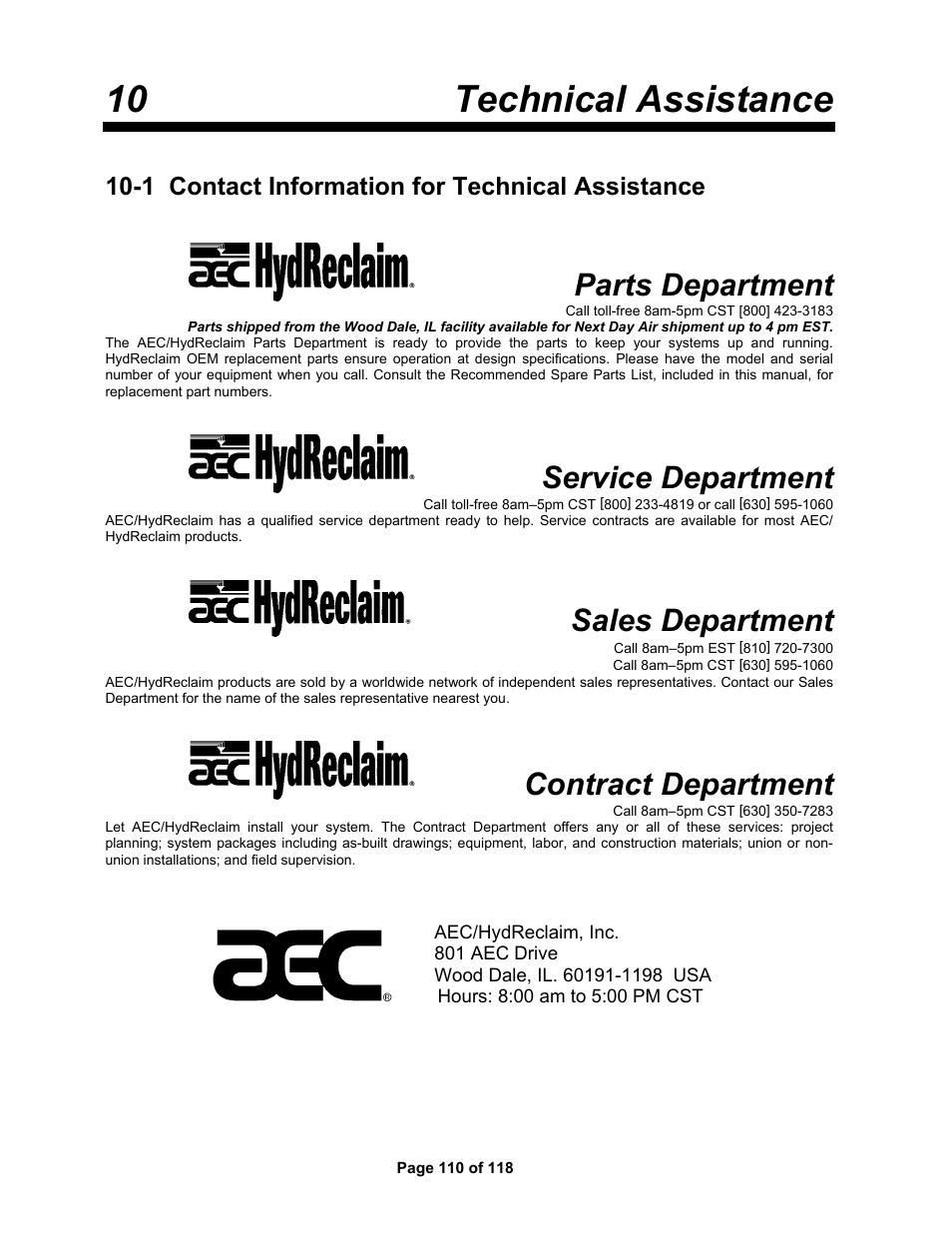 10 technical assistance, Parts department, Service department | Sales department, Contract department | AEC OS Series Gravimetric Batch Blenders User Manual | Page 111 / 119