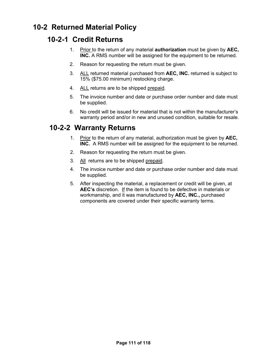 2-2 warranty returns | AEC OS Series Gravimetric Batch Blenders User Manual | Page 112 / 119