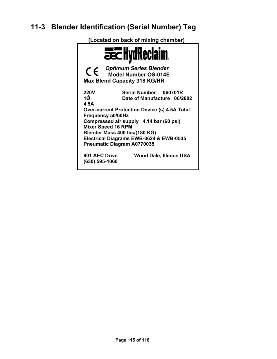 3 blender identification (serial number) tag | AEC OS Series Gravimetric Batch Blenders User Manual | Page 116 / 119