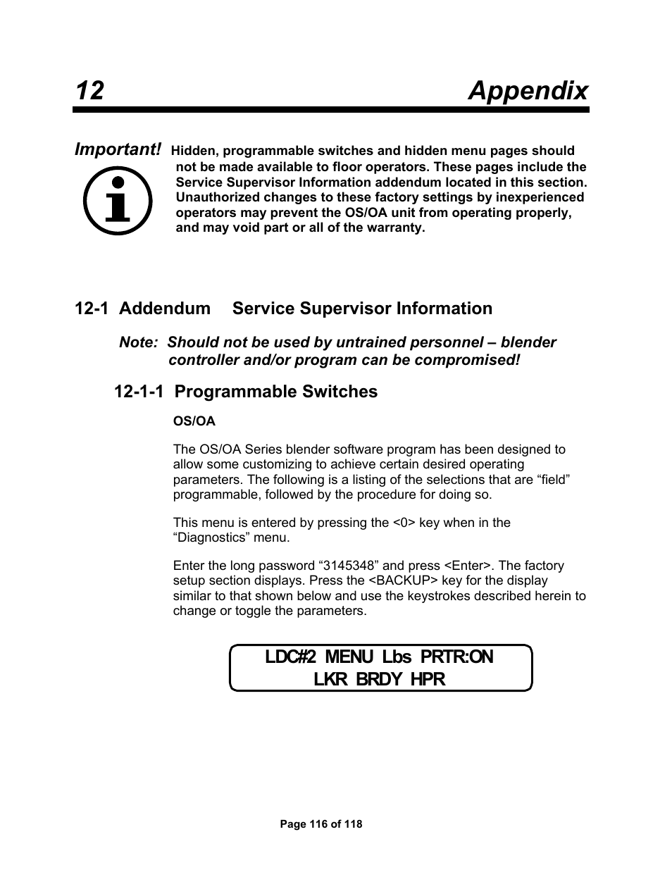 12 appendix, Ldc#2 menu lbs prtr:on lkr brdy hpr | AEC OS Series Gravimetric Batch Blenders User Manual | Page 117 / 119