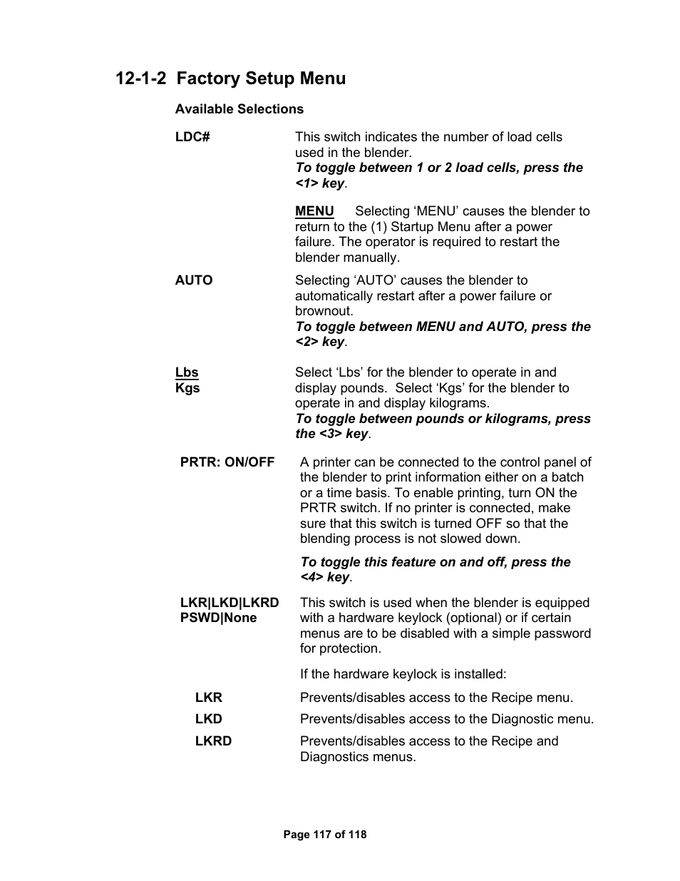 1-2 factory setup menu | AEC OS Series Gravimetric Batch Blenders User Manual | Page 118 / 119