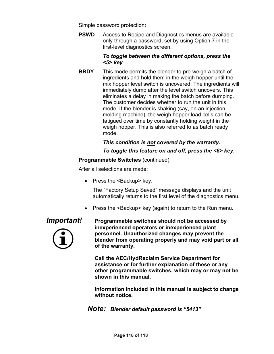 Important | AEC OS Series Gravimetric Batch Blenders User Manual | Page 119 / 119