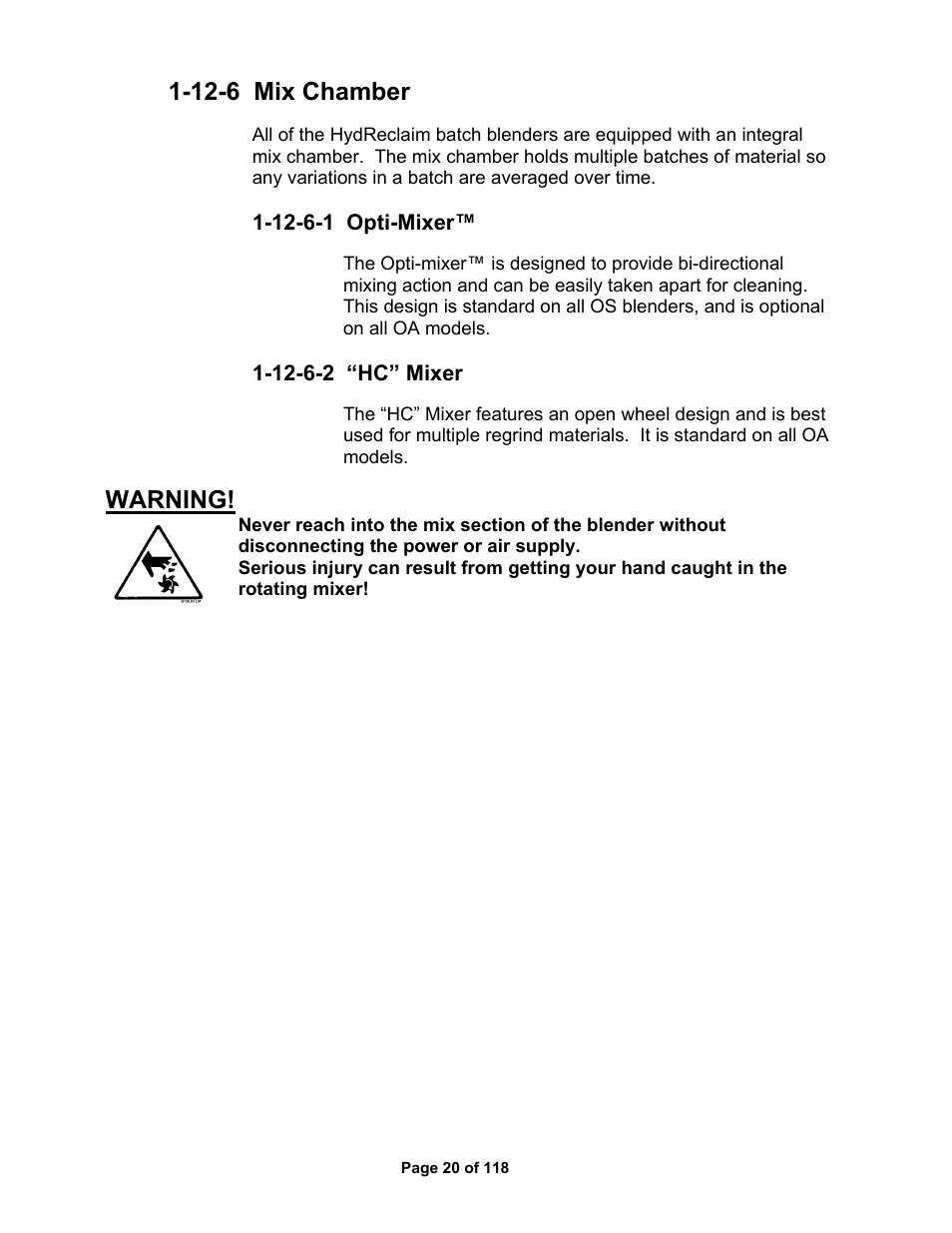 12-6 mix chamber, Warning | AEC OS Series Gravimetric Batch Blenders User Manual | Page 21 / 119