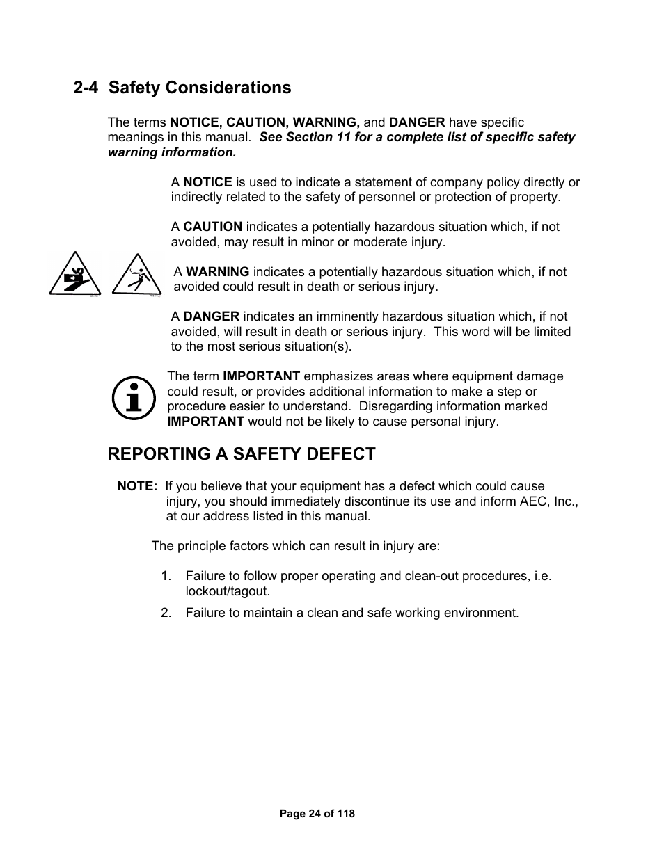4 safety considerations, Reporting a safety defect | AEC OS Series Gravimetric Batch Blenders User Manual | Page 25 / 119
