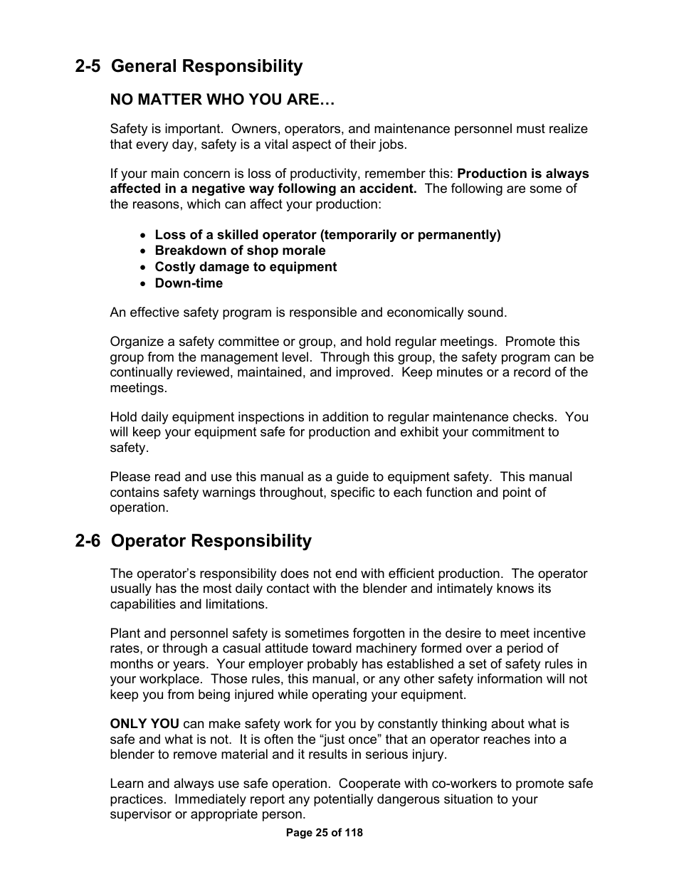 5 general responsibility, 6 operator responsibility | AEC OS Series Gravimetric Batch Blenders User Manual | Page 26 / 119