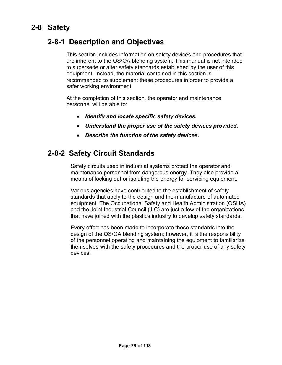 8 safety 2-8-1 description and objectives, 8-2 safety circuit standards | AEC OS Series Gravimetric Batch Blenders User Manual | Page 29 / 119