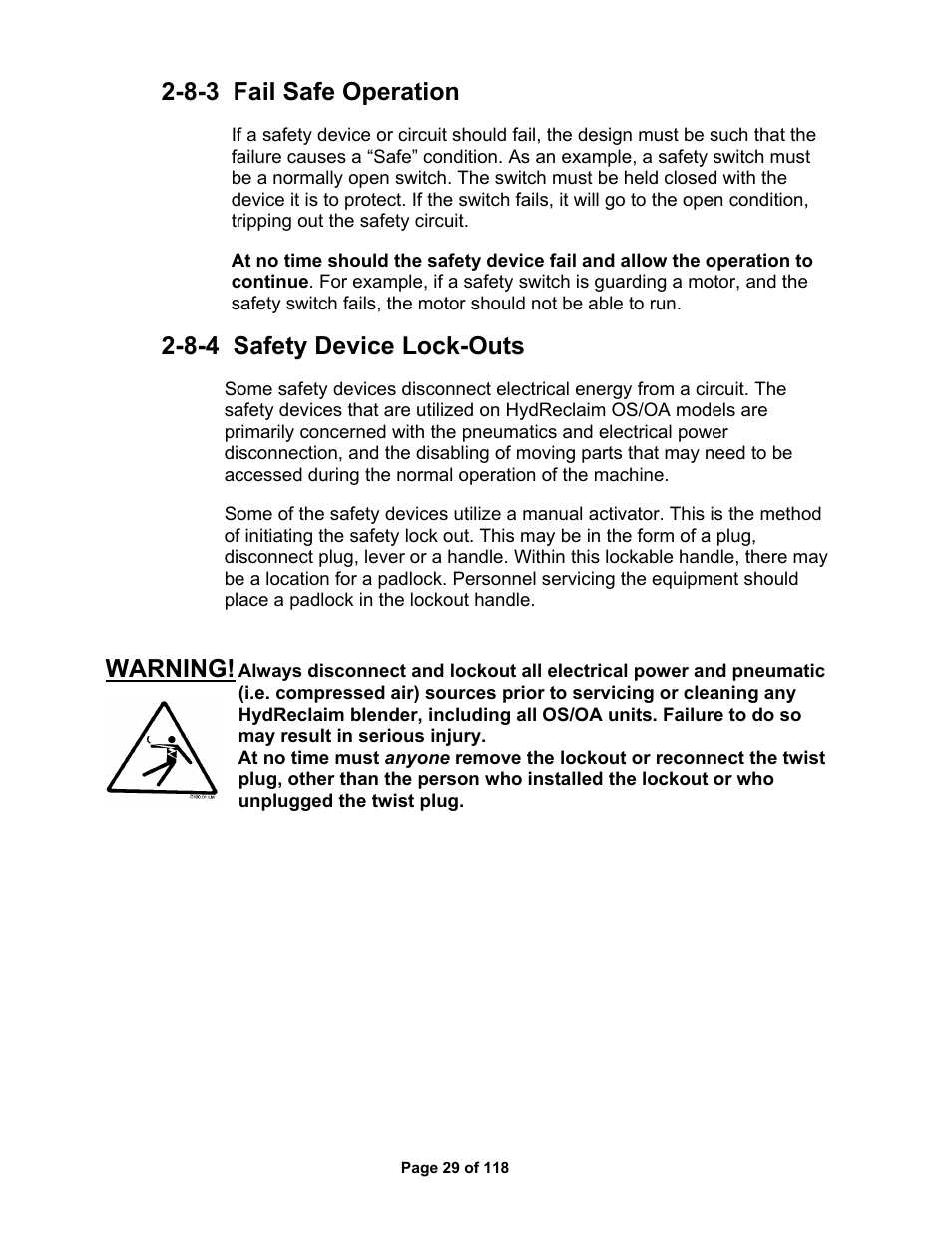 8-3 fail safe operation, 8-4 safety device lock-outs, Warning | AEC OS Series Gravimetric Batch Blenders User Manual | Page 30 / 119