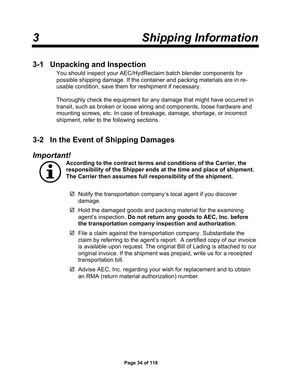 3shipping information, 1 unpacking and inspection, 2 in the event of shipping damages important | AEC OS Series Gravimetric Batch Blenders User Manual | Page 35 / 119