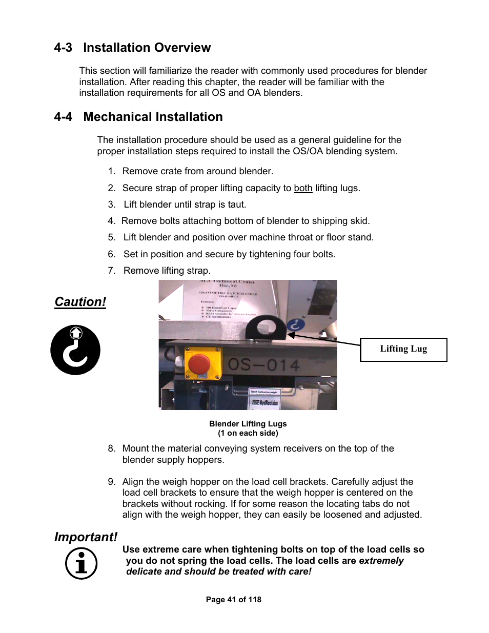 3 installation overview, 4 mechanical installation, Caution | Important | AEC OS Series Gravimetric Batch Blenders User Manual | Page 42 / 119