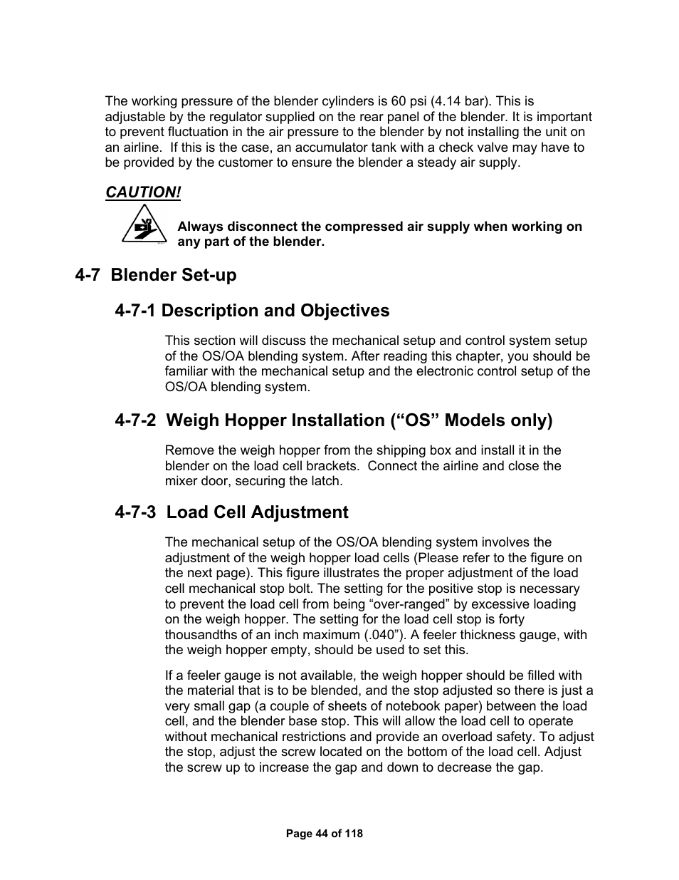 7 blender set-up 4-7-1 description and objectives, 7-2 weigh hopper installation (“os” models only), 7-3 load cell adjustment | AEC OS Series Gravimetric Batch Blenders User Manual | Page 45 / 119