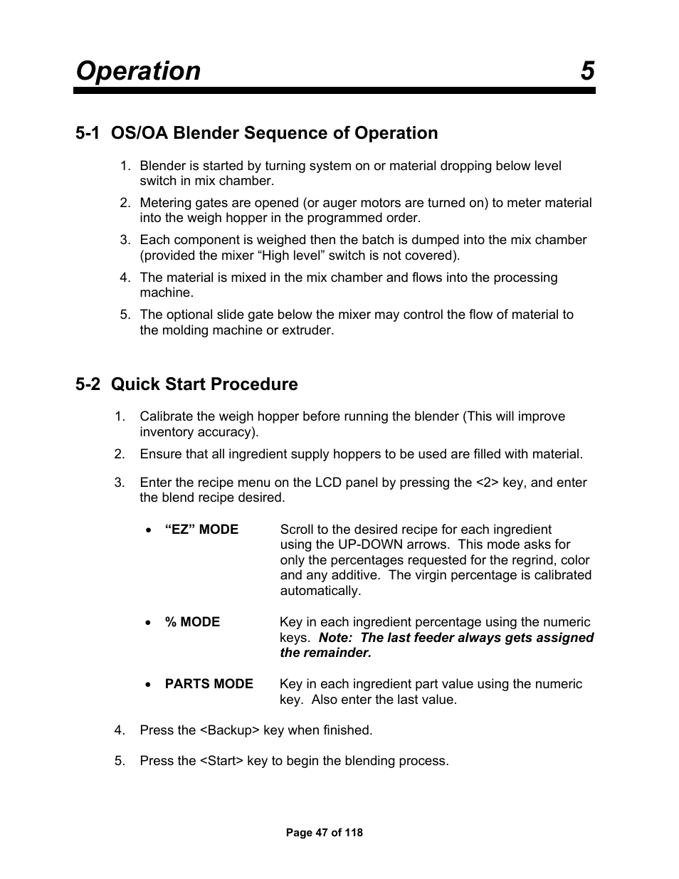 Operation 5, 1 os/oa blender sequence of operation, 2 quick start procedure | AEC OS Series Gravimetric Batch Blenders User Manual | Page 48 / 119