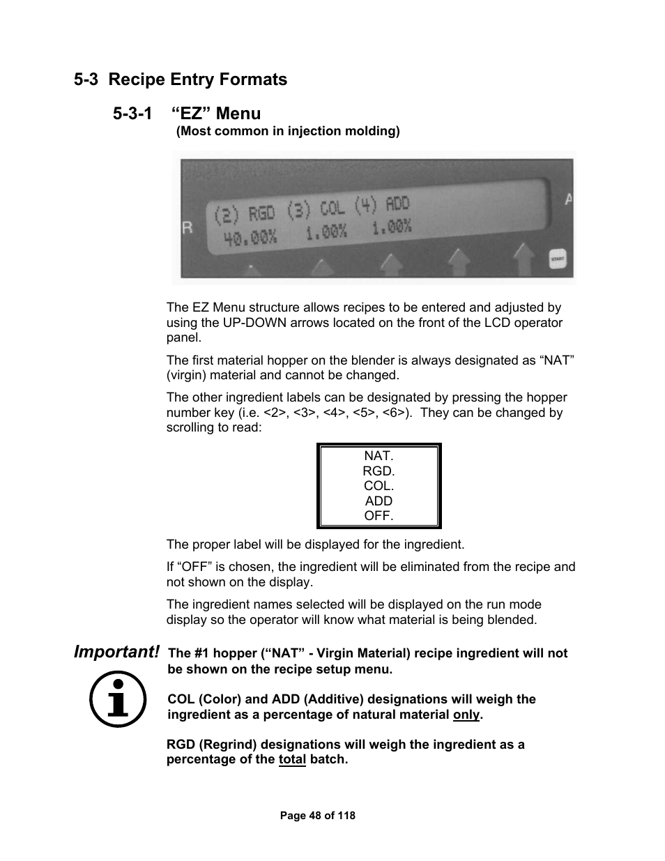 3 recipe entry formats 5-3-1 “ez” menu, Important | AEC OS Series Gravimetric Batch Blenders User Manual | Page 49 / 119