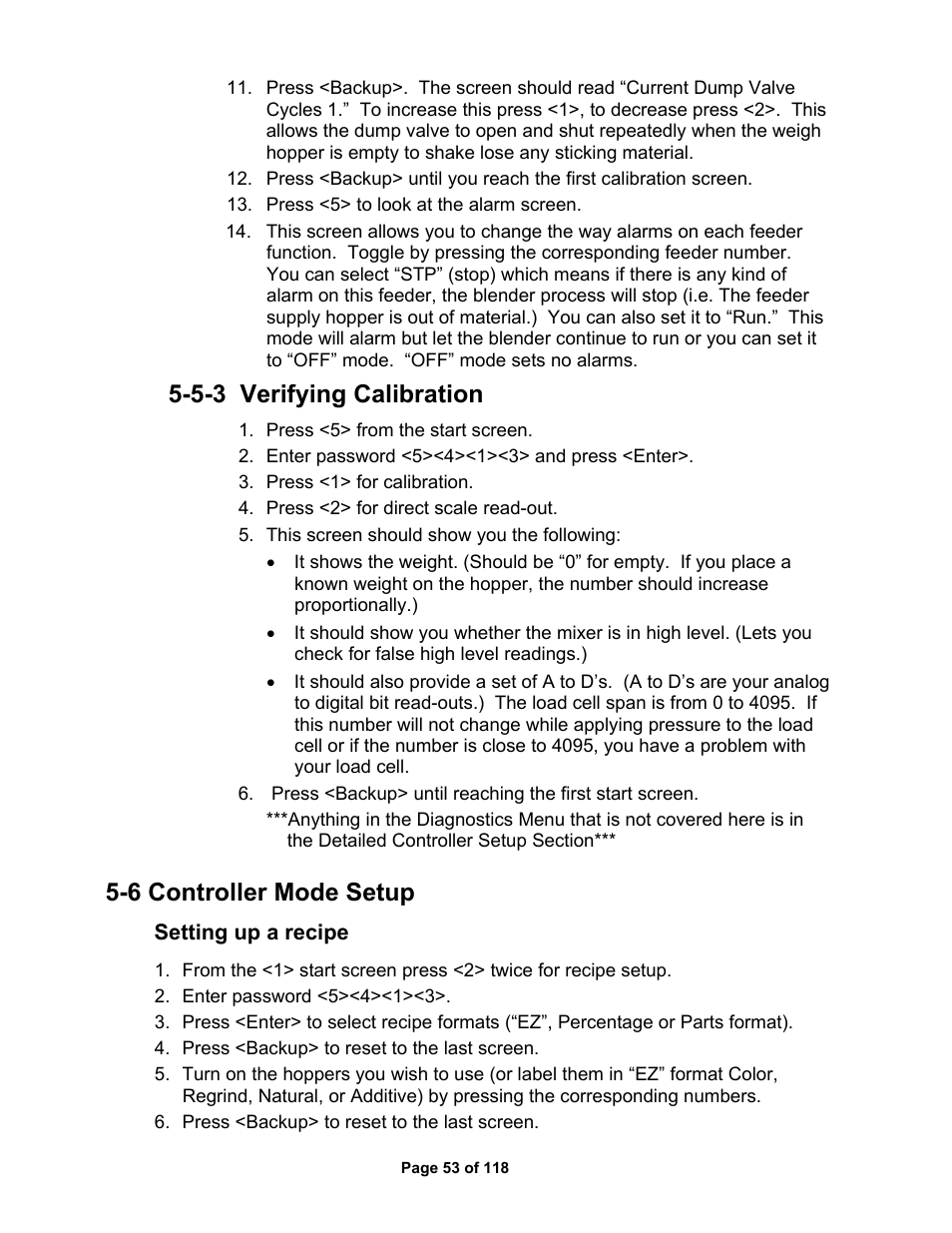 5-3 verifying calibration, 6 controller mode setup | AEC OS Series Gravimetric Batch Blenders User Manual | Page 54 / 119