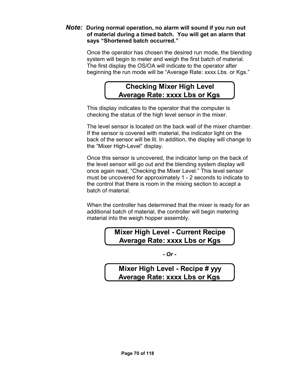 Checking mixer high level, Mixer high level - current recipe, Mixer high level - recipe # yyy | AEC OS Series Gravimetric Batch Blenders User Manual | Page 71 / 119