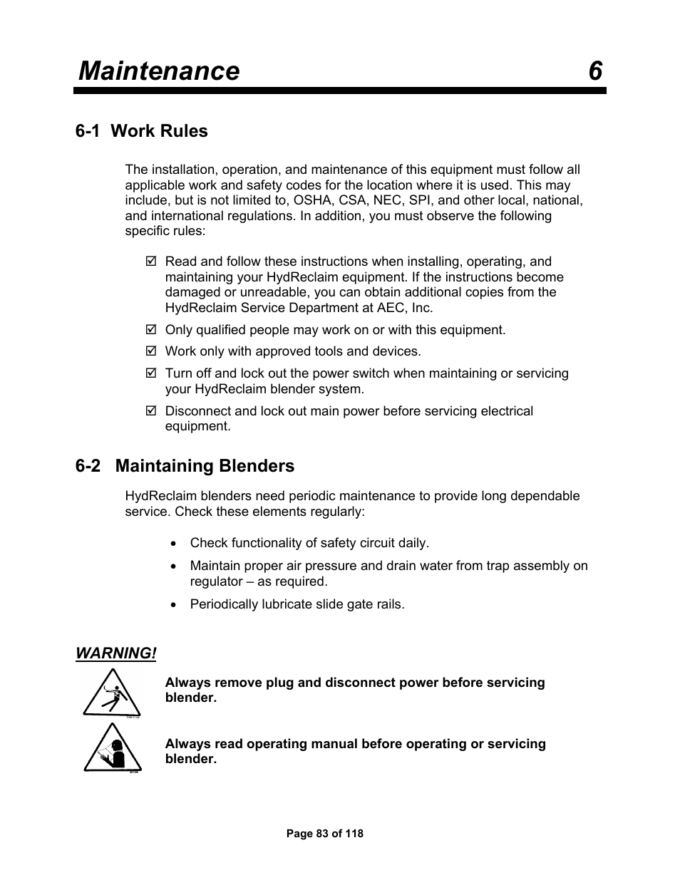 Maintenance 6, 1 work rules, 2 maintaining blenders | AEC OS Series Gravimetric Batch Blenders User Manual | Page 84 / 119