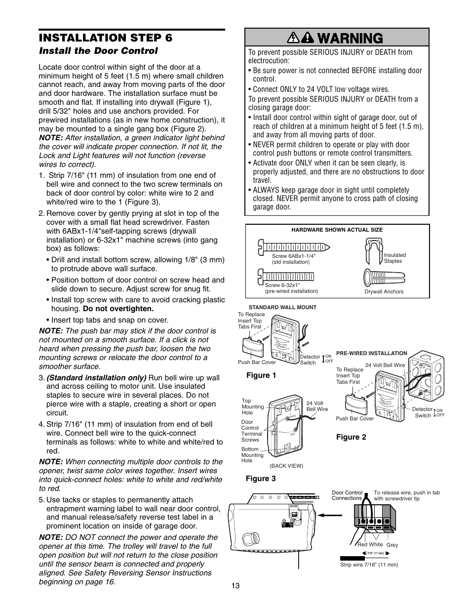 Step 6 install the door control, Warning caution warning warning, Installation step 6 | Install the door control | Chamberlain 3575K 4 HPv User Manual | Page 13 / 36