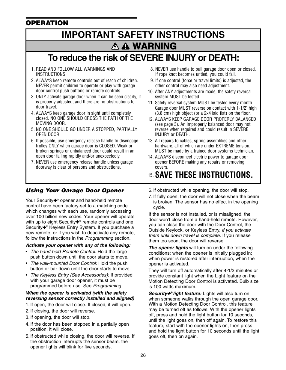 Operation, Using your garage door opener, Save these instructions | Chamberlain 3575K 4 HPv User Manual | Page 26 / 36