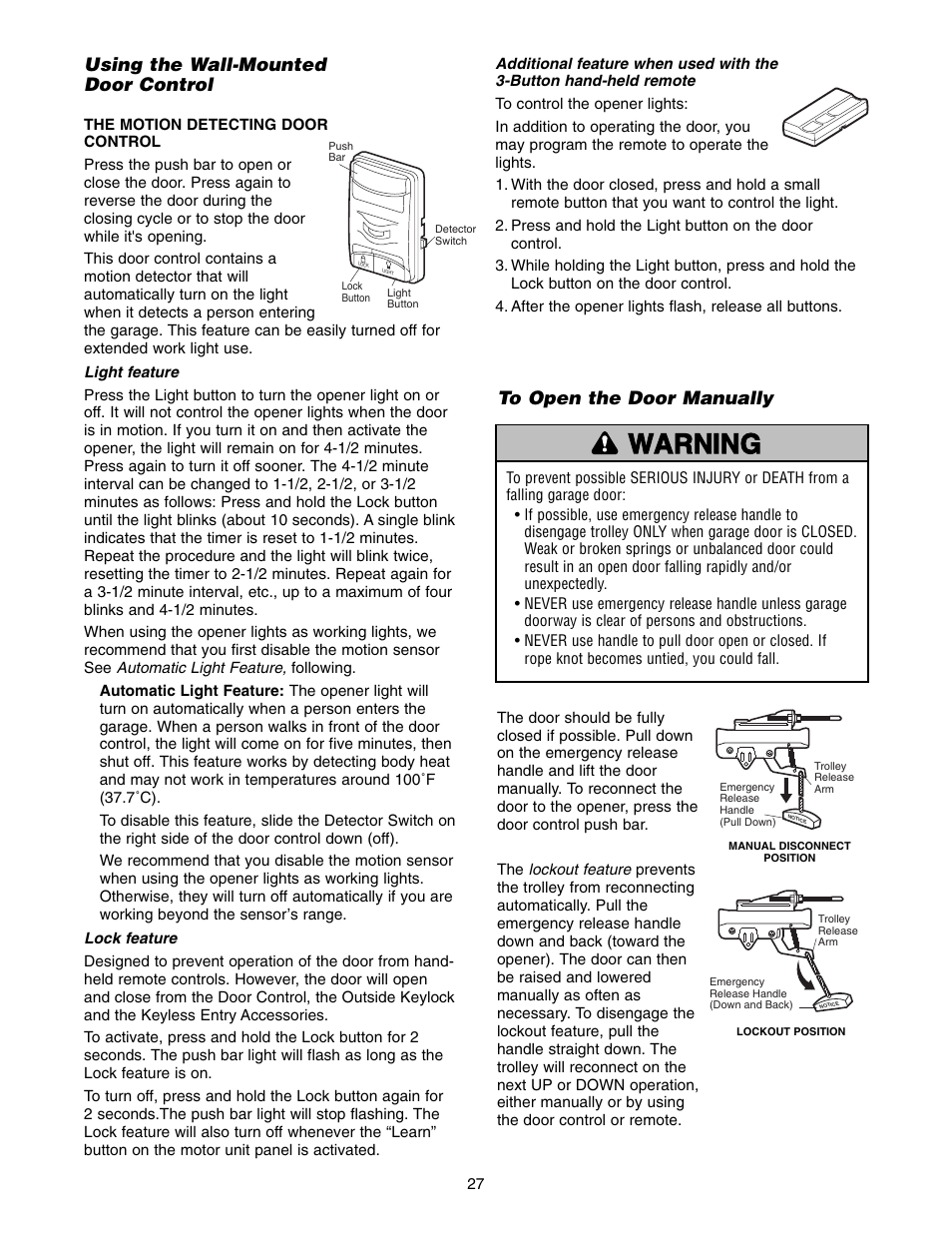 Using the wall-mounted door control, To open the door manually, Warning caution warning warning | Chamberlain 3575K 4 HPv User Manual | Page 27 / 36