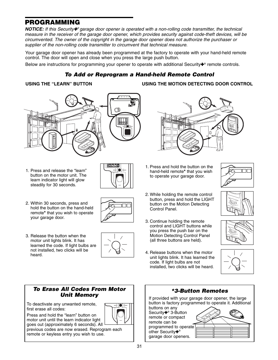 Programming, To erase all codes from motor unit memory, Button remotes | Chamberlain 3575K 4 HPv User Manual | Page 31 / 36