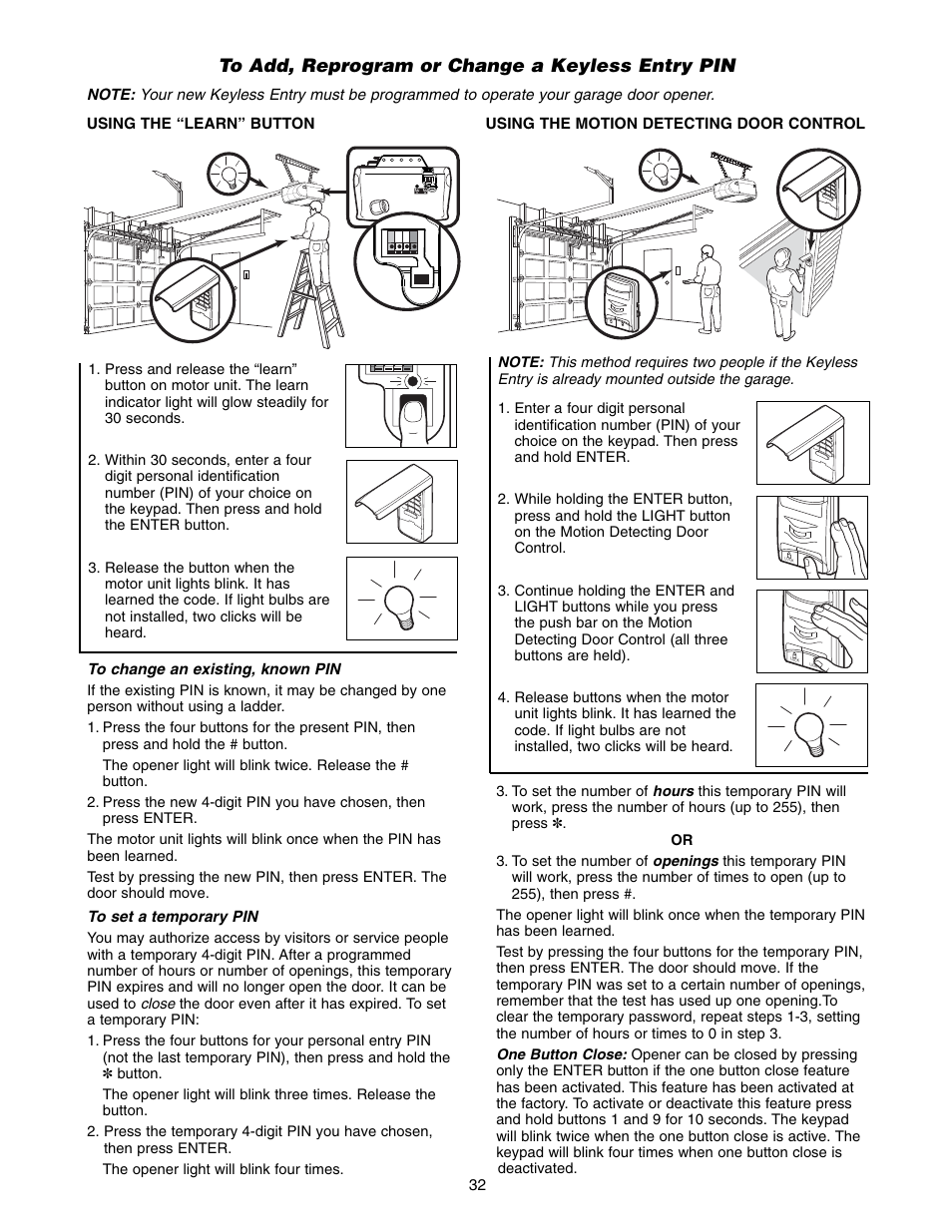 To add, reprogram or change a keyless entry pin | Chamberlain 3575K 4 HPv User Manual | Page 32 / 36