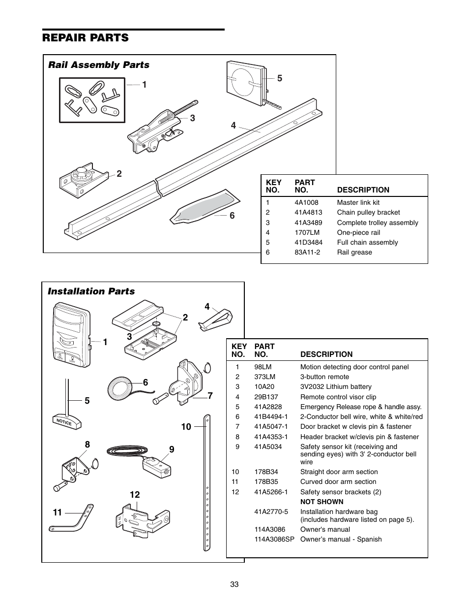 Repair parts, Installation parts, Rail assembly parts | Chamberlain 3575K 4 HPv User Manual | Page 33 / 36