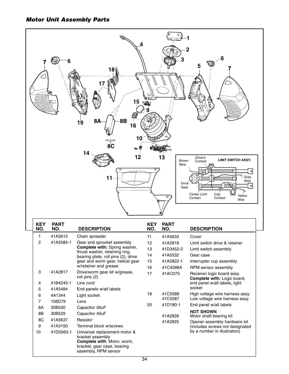 Motor unit assembly parts | Chamberlain 3575K 4 HPv User Manual | Page 34 / 36