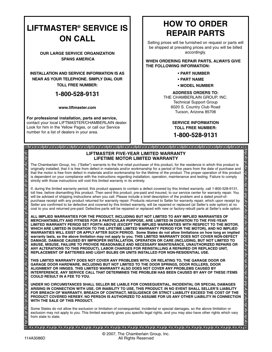 Liftmaster® service is on call, How to order repair parts, Warranty | Liftmaster, Service is on call | Chamberlain 3575K 4 HPv User Manual | Page 36 / 36