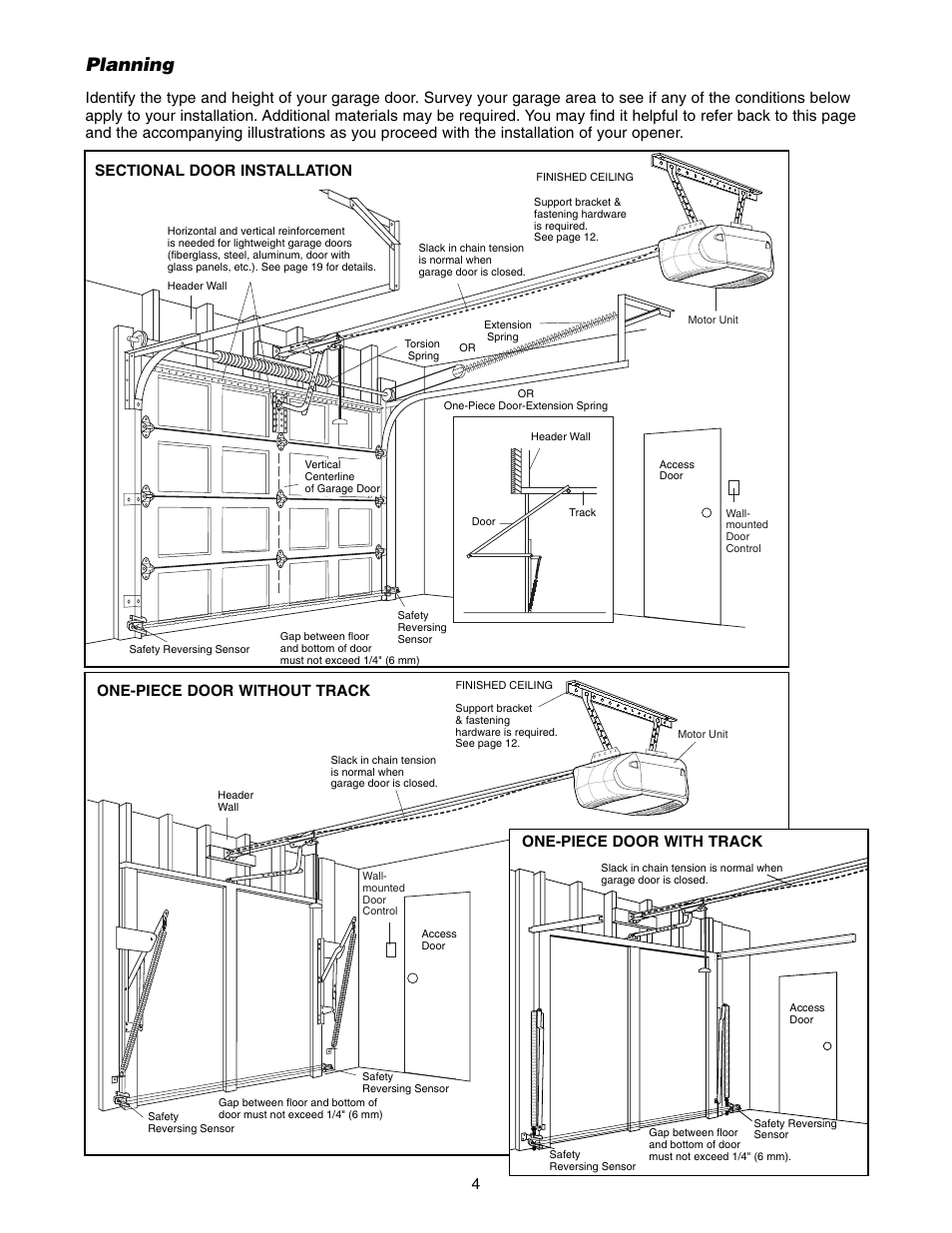 Planning, One-piece door without track 4, One-piece door with track | Chamberlain 3575K 4 HPv User Manual | Page 4 / 36