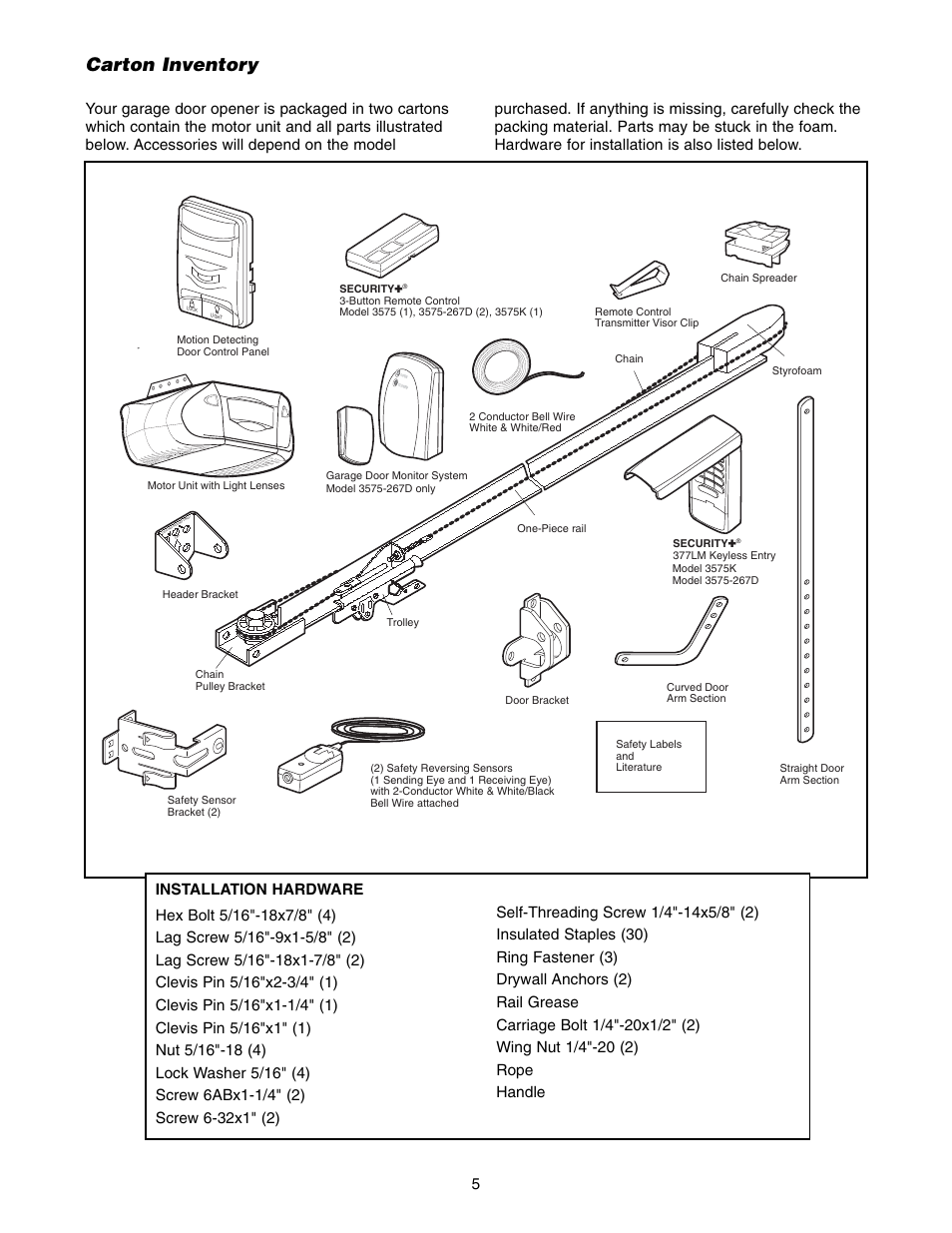 Carton inventory, Installation hardware | Chamberlain 3575K 4 HPv User Manual | Page 5 / 36