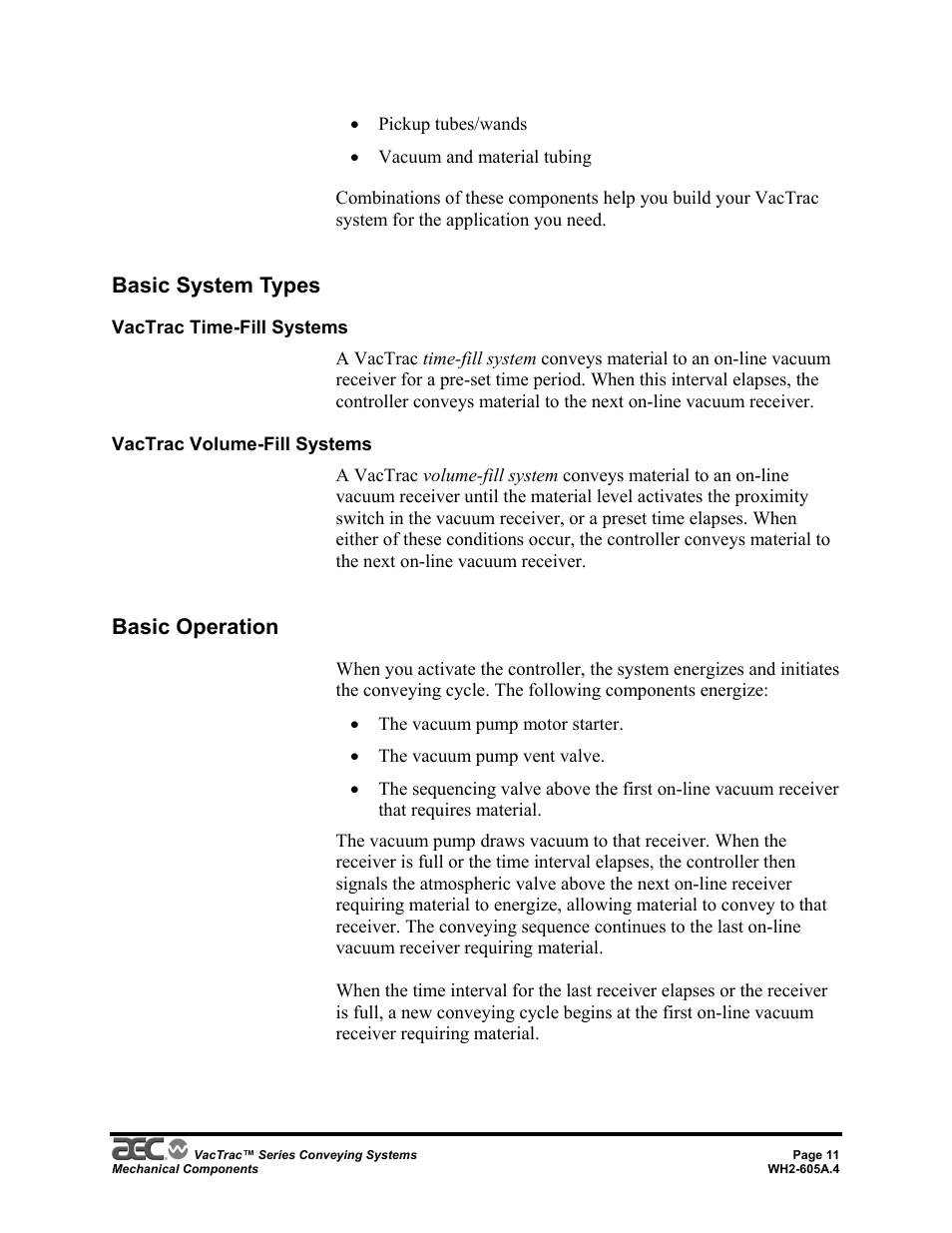 Basic system types, Basic operation | AEC VacTrac Series Conveying Systems User Manual | Page 11 / 120