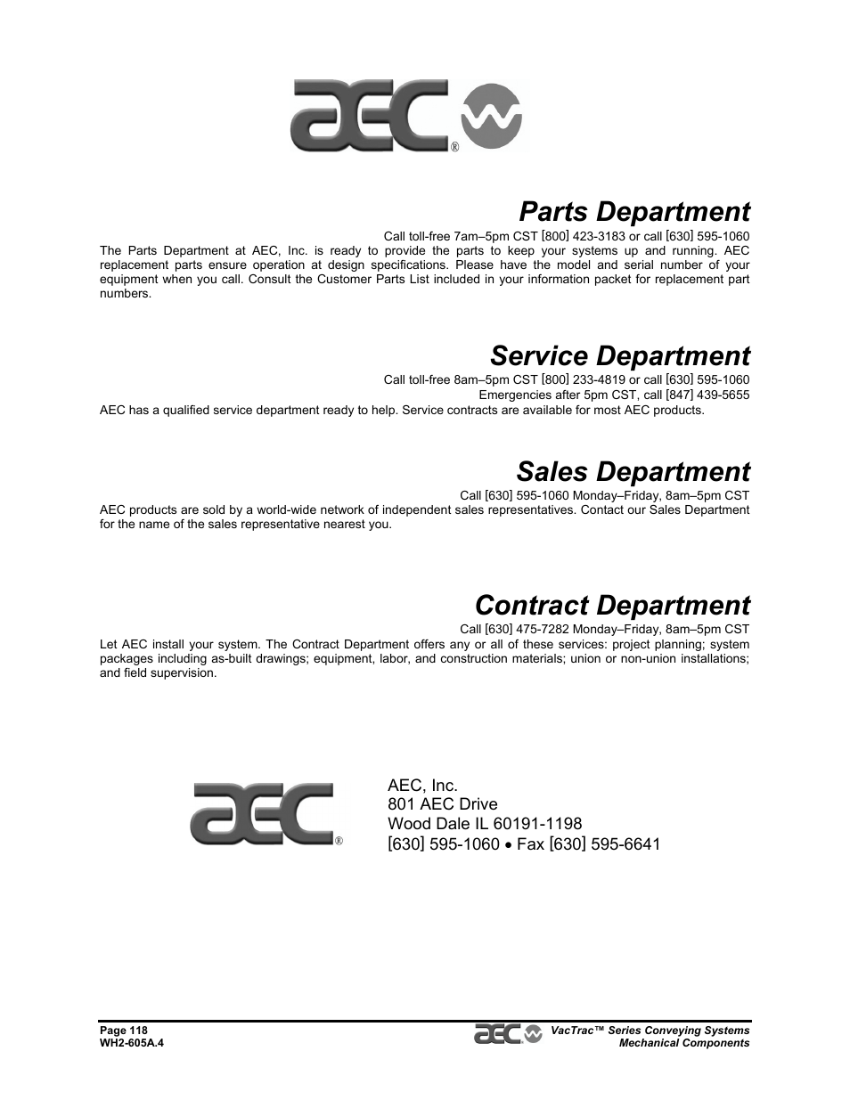 Parts department, Service department, Sales department | Contract department | AEC VacTrac Series Conveying Systems User Manual | Page 118 / 120