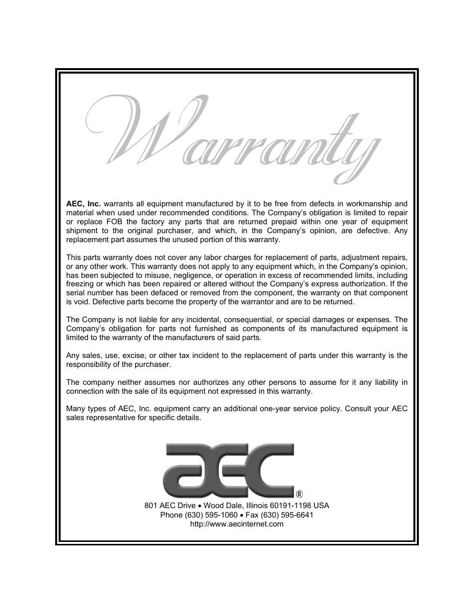 Warranty | AEC VacTrac Series Conveying Systems User Manual | Page 119 / 120