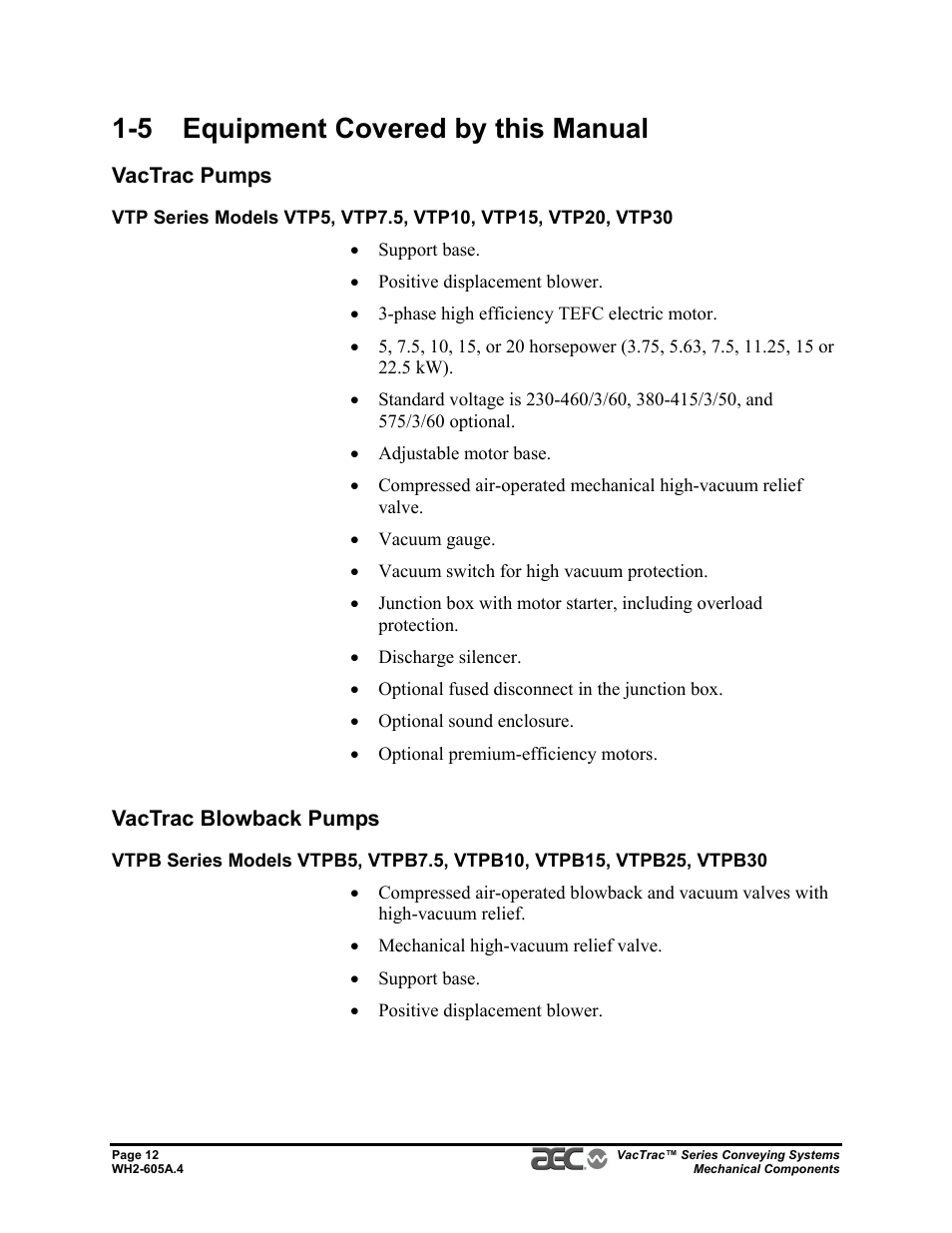 5 equipment covered by this manual | AEC VacTrac Series Conveying Systems User Manual | Page 12 / 120