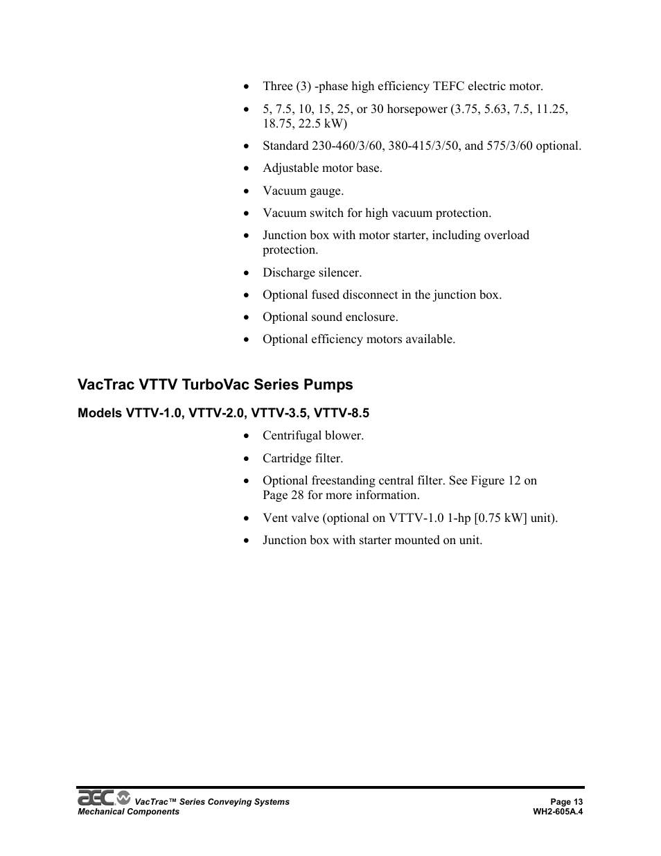 Vactrac vttv turbovac series pumps | AEC VacTrac Series Conveying Systems User Manual | Page 13 / 120