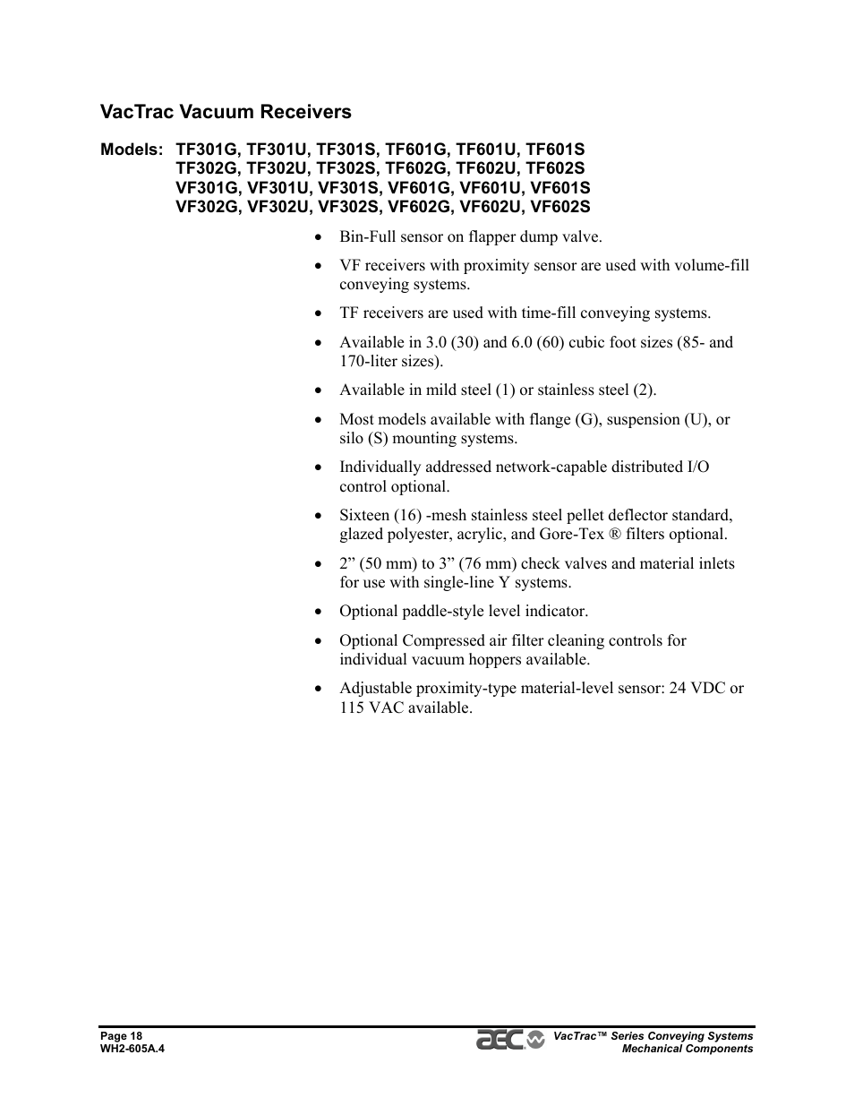 Vactrac vacuum receivers | AEC VacTrac Series Conveying Systems User Manual | Page 18 / 120