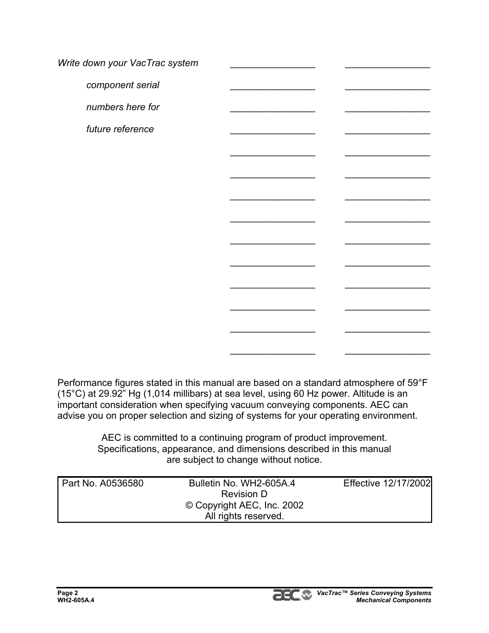 AEC VacTrac Series Conveying Systems User Manual | Page 2 / 120