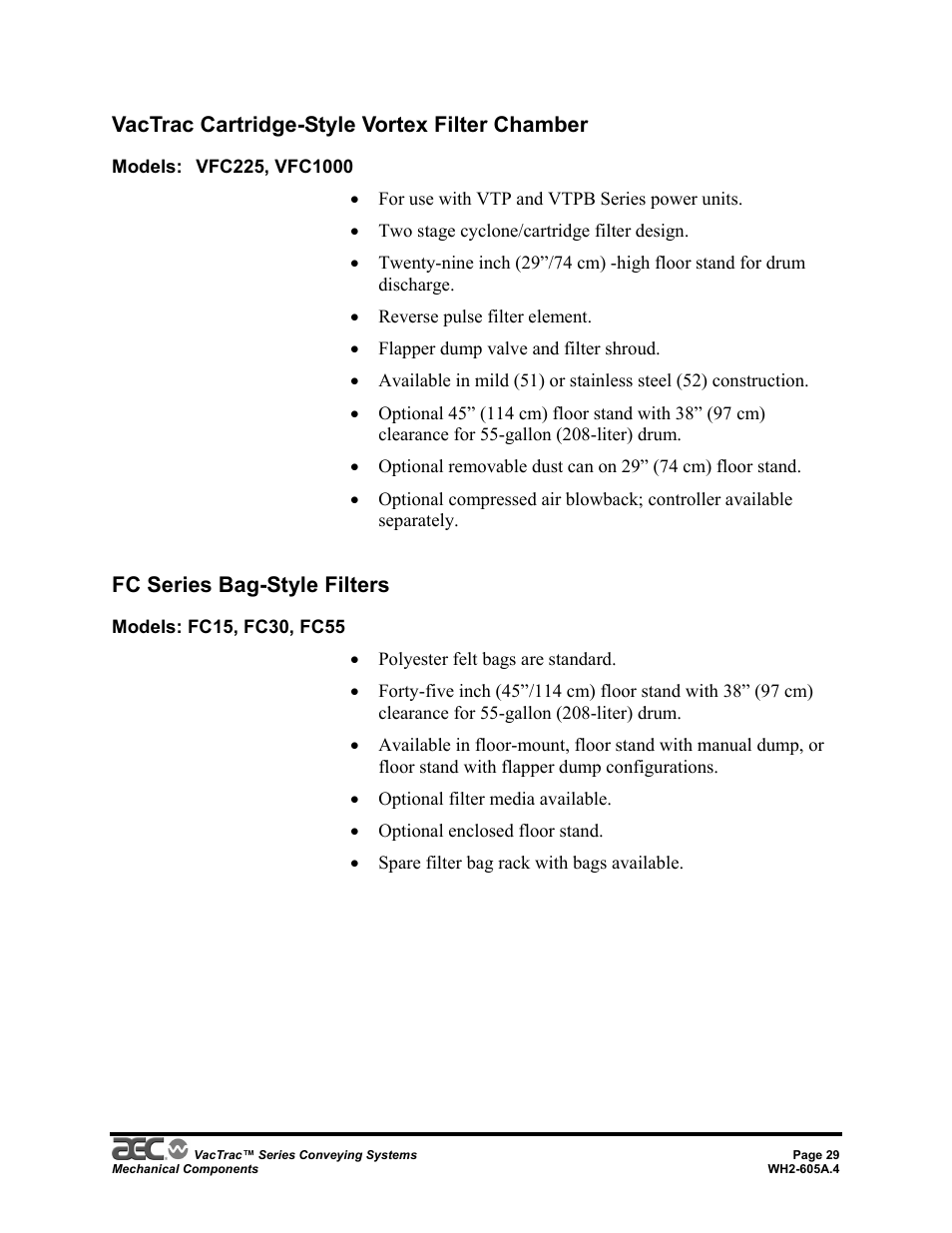 Vactrac cartridge-style vortex filter chamber, Fc series bag-style filters | AEC VacTrac Series Conveying Systems User Manual | Page 29 / 120