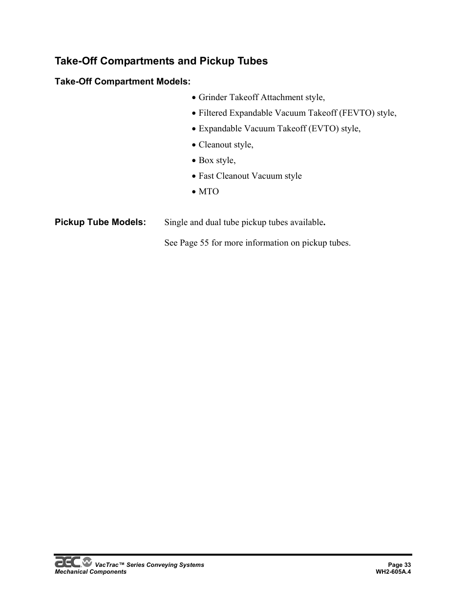 Take-off compartments and pickup tubes | AEC VacTrac Series Conveying Systems User Manual | Page 33 / 120