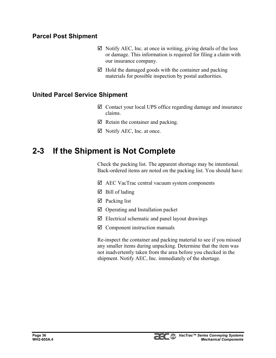 3 if the shipment is not complete | AEC VacTrac Series Conveying Systems User Manual | Page 36 / 120