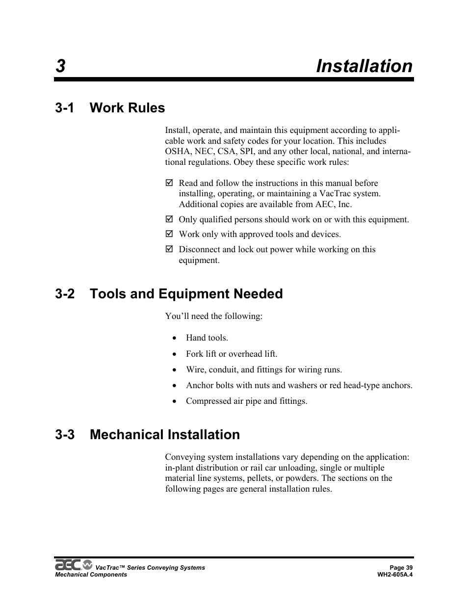 3installation, 1 work rules, 2 tools and equipment needed | 3 mechanical installation | AEC VacTrac Series Conveying Systems User Manual | Page 39 / 120